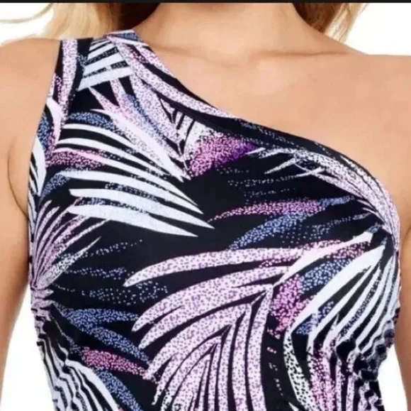 Swim Solutions Women's Black Printed Tummy Control One Shoulder One Piec… - Picture 2 of 6